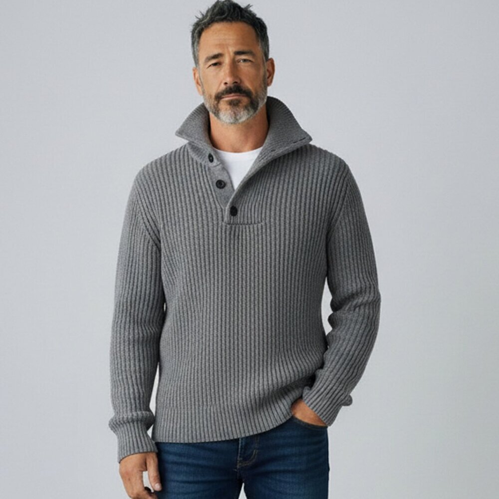 Matinique Henley Funnel Neck 100% Cotton Heavy Cable Knit Sweater Gray Size L